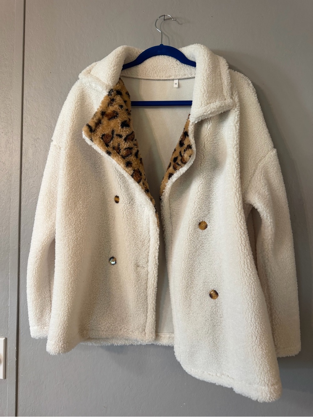 Cream Sherpa Jacket with Leopard Trim